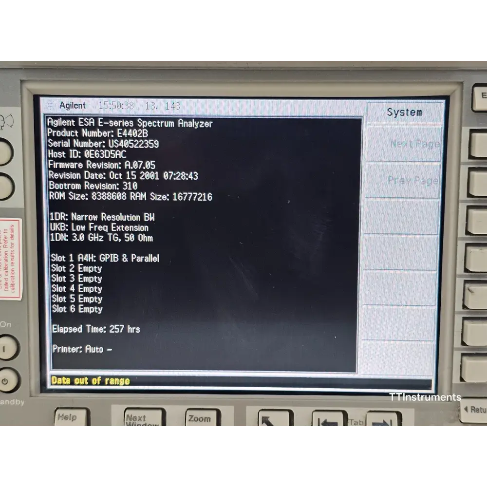 Agilent E4402B Spectrum Analyser serial number and model label