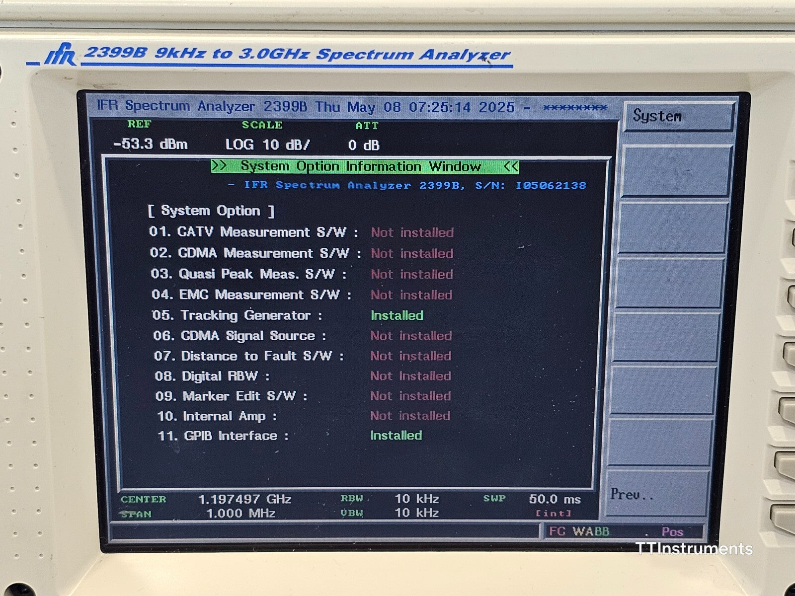 FOR REPAIR IFR 2399B 9 kHz to 3 GHz Spectrum Analyzer Opt 05/11