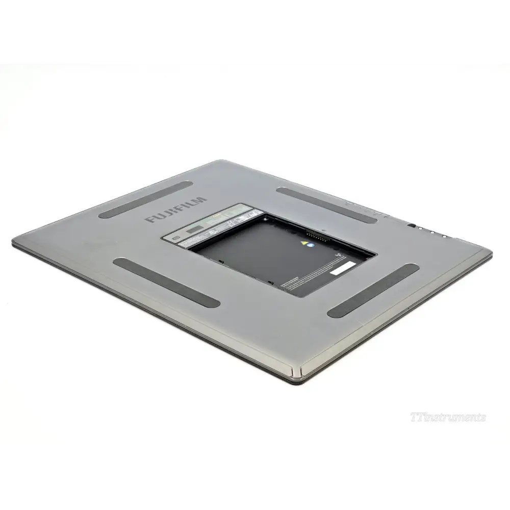 Fujifilm FDR D-EVO III C35i — angled rear view showing silver magnesium alloy housing, Fujifilm logo and open battery compartment