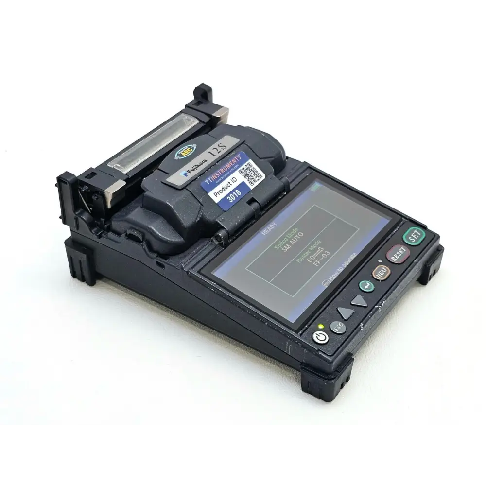 Fujikura 12S fusion splicer side profile showing compact portable form factor