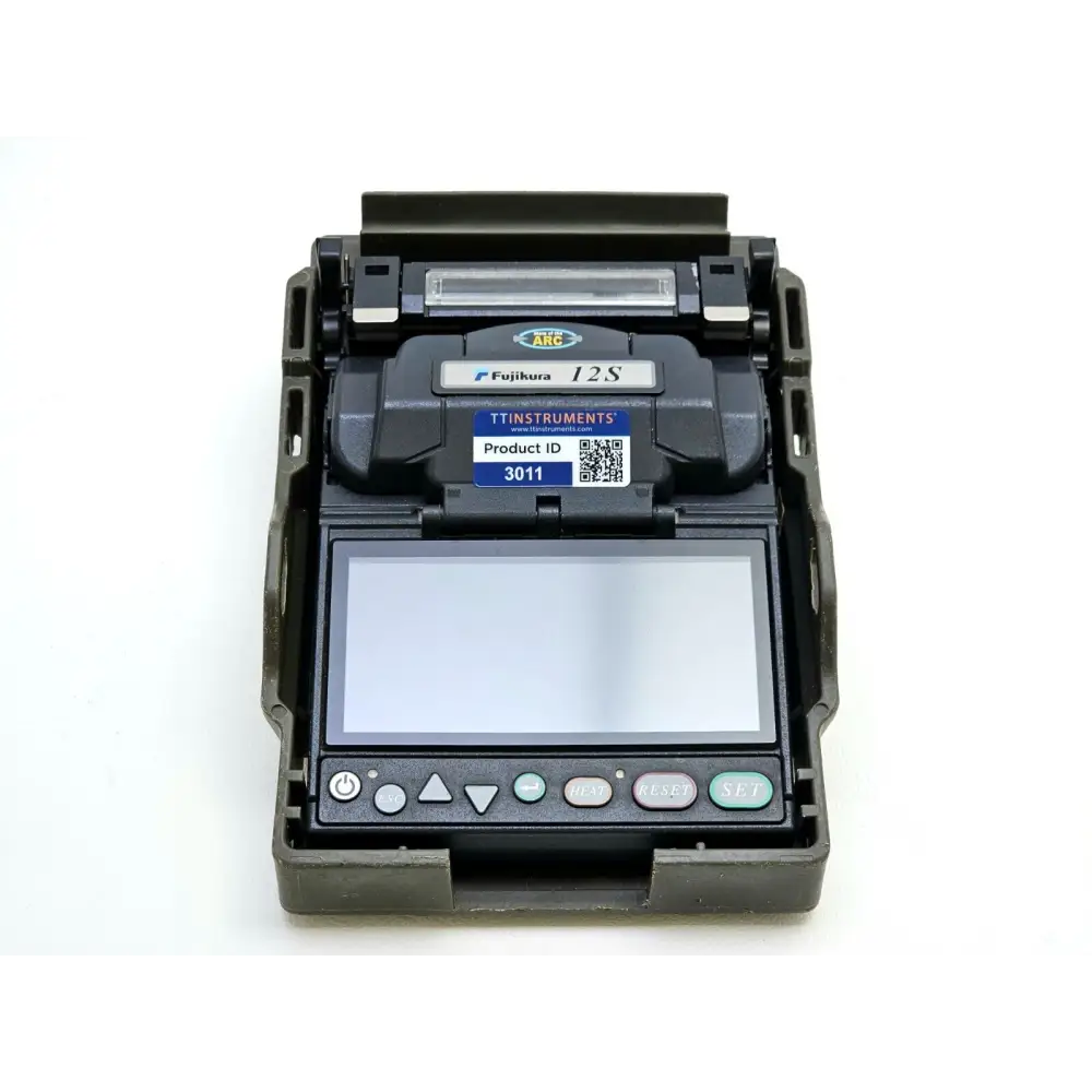 Fujikura 12S splicer right side view showing port connections and AC adapter input