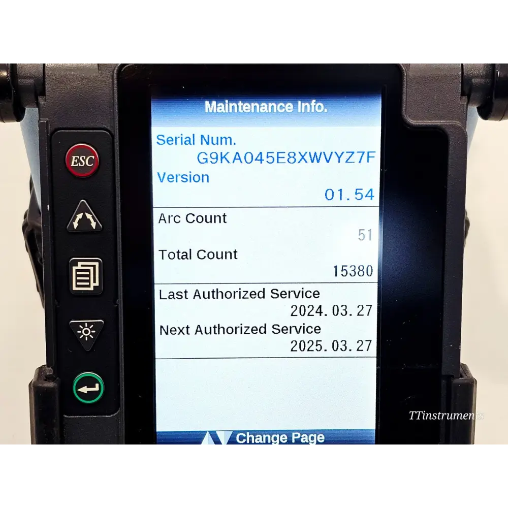 Fujikura FSM-70S maintenance info screen showing firmware v01.54, arc count 51, total count 15380, service date 2024.03.27