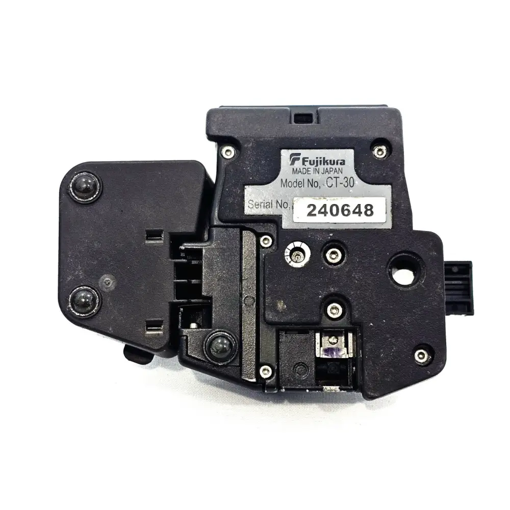 Fujikura CT-30 cleaver underside showing serial number 240648 label, Made in Japan plate and blade adjustment mechanism