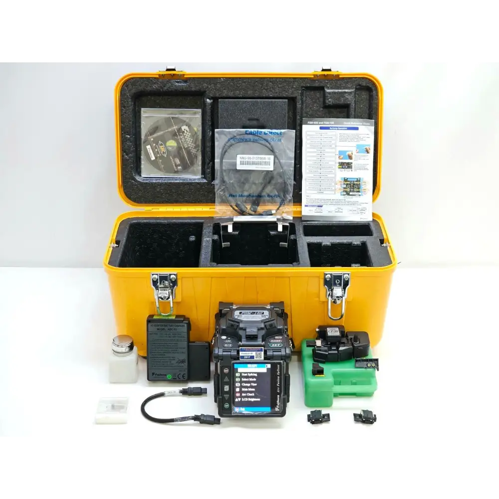Fujikura FSM-18S fusion splicer front view with CT-30 cleaver and accessories