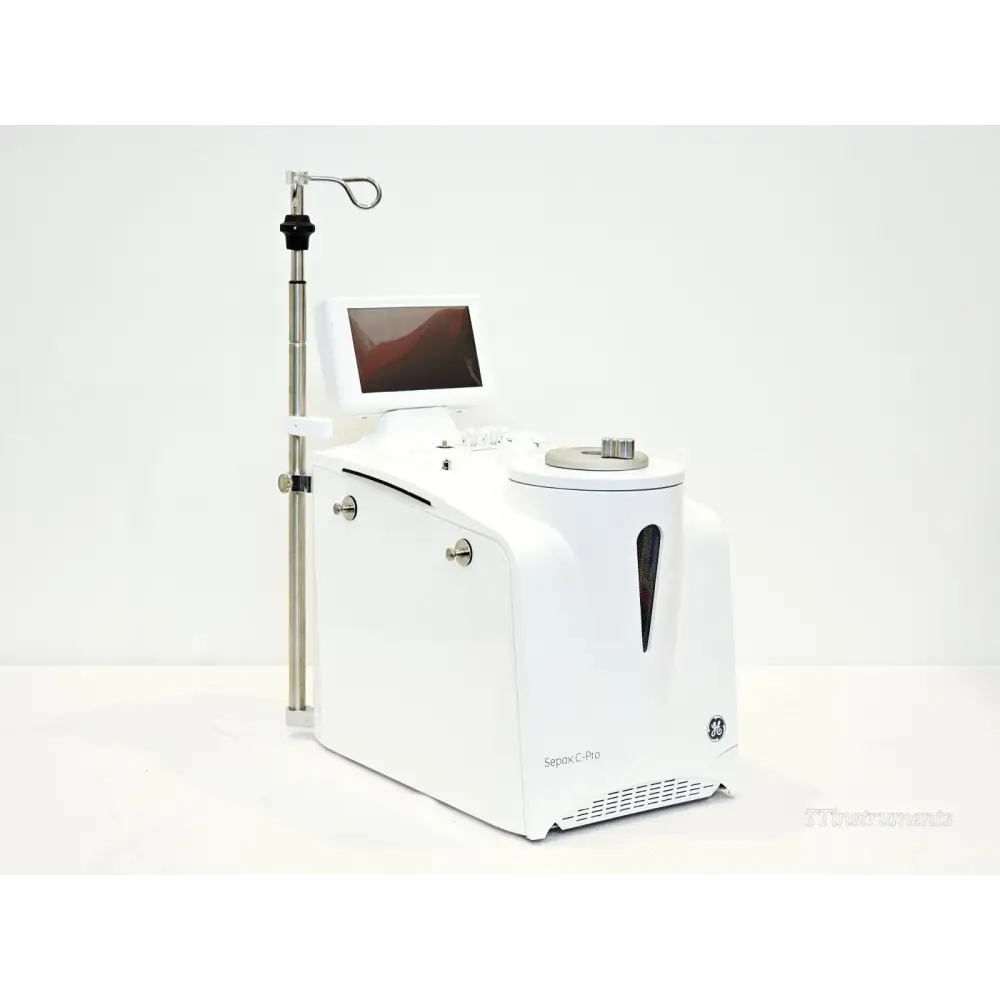 GE Cytiva Sepax C-Pro cell processing instrument right-side angle view showing touchscreen display and IV pole