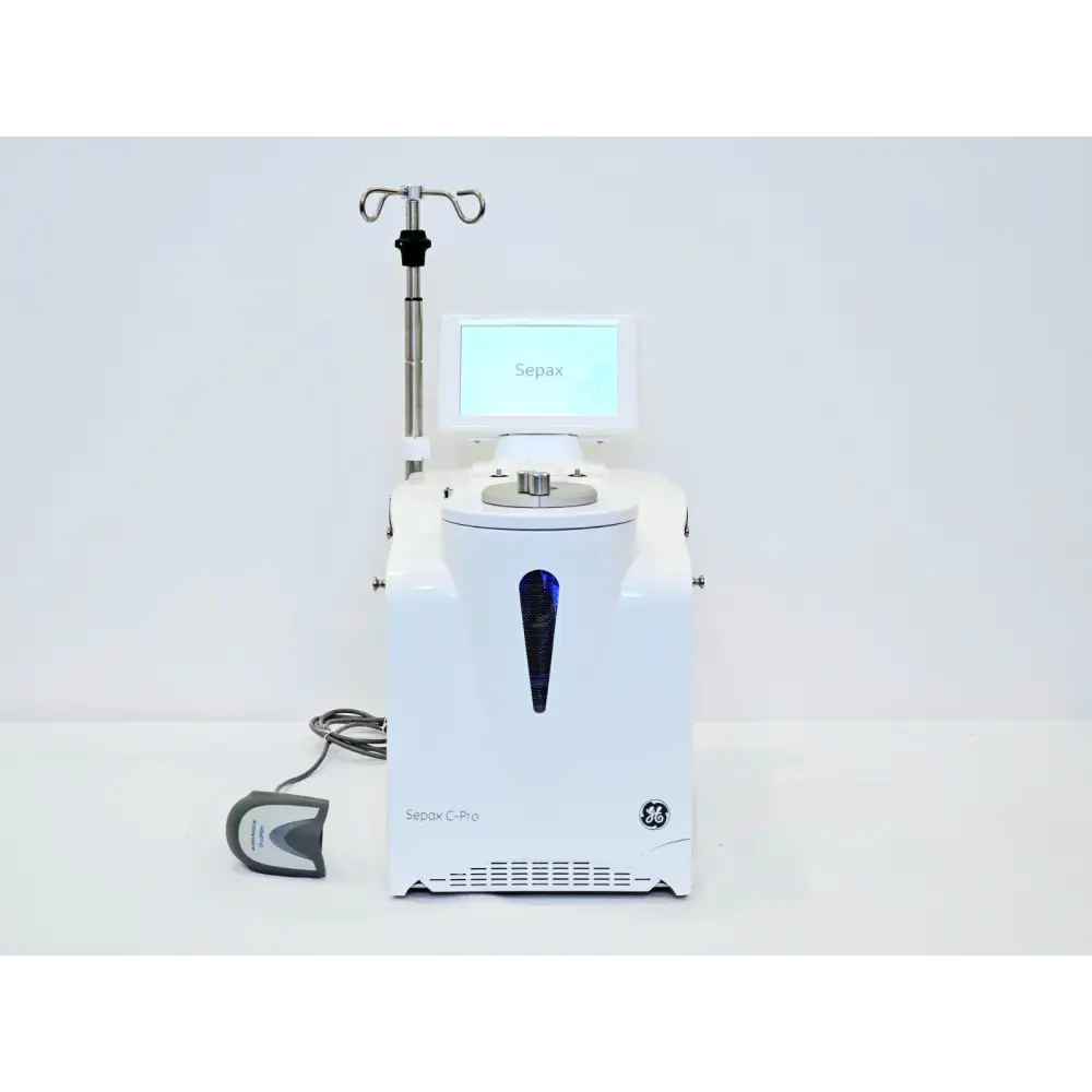 GE Cytiva Sepax C-Pro cell processing instrument front view with IV pole stand and Datalogic barcode reader