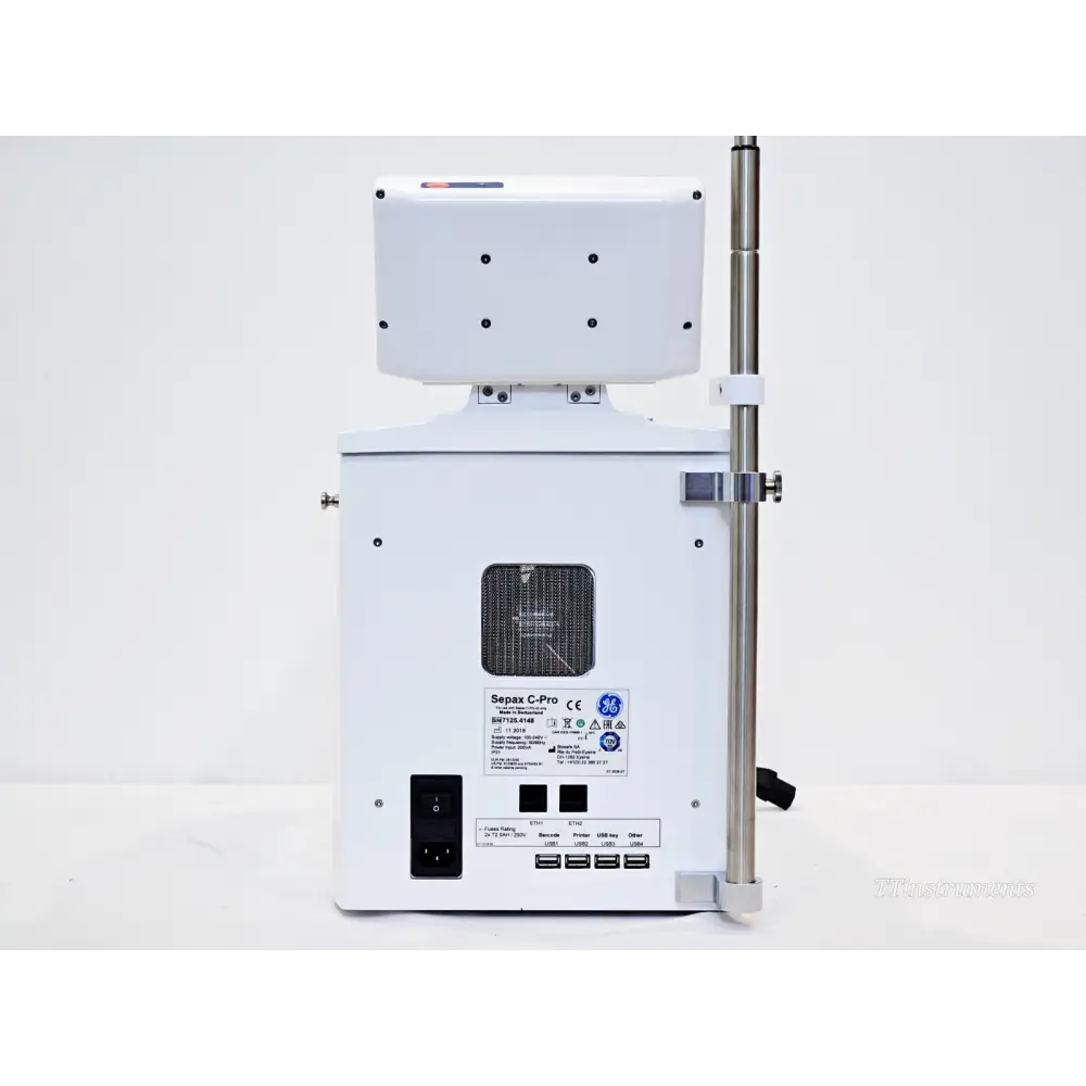 Sepax C-Pro rear panel showing power switch, ETH1/ETH2 Ethernet ports, four USB ports and serial number label