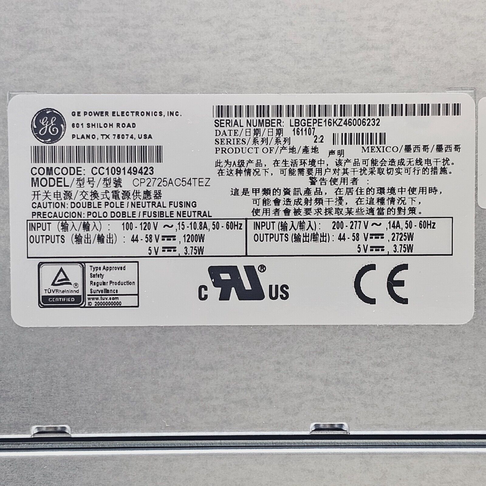 GE J85480S1 L23 Chassis with 4x CP2725AC54TEZ Power Supply Modules