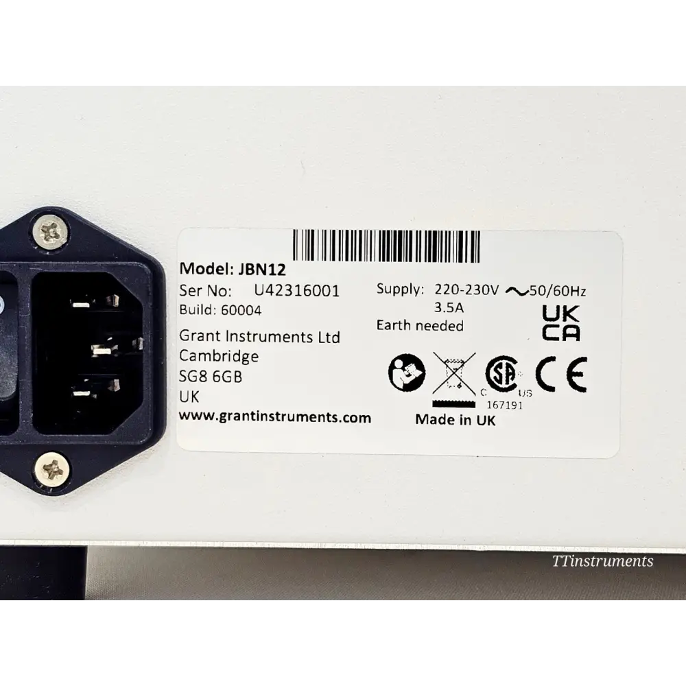 Grant Instruments JBN12 serial number label close-up showing model, serial number U42316001, build 60004, UKCA CE marks