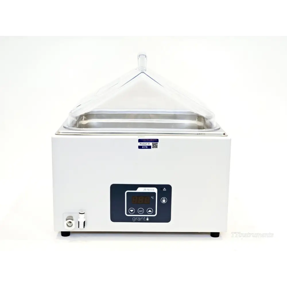 Grant Instruments JB Nova JBN12 water bath front view showing LED display, set/up/down controls, and gabled clear lid