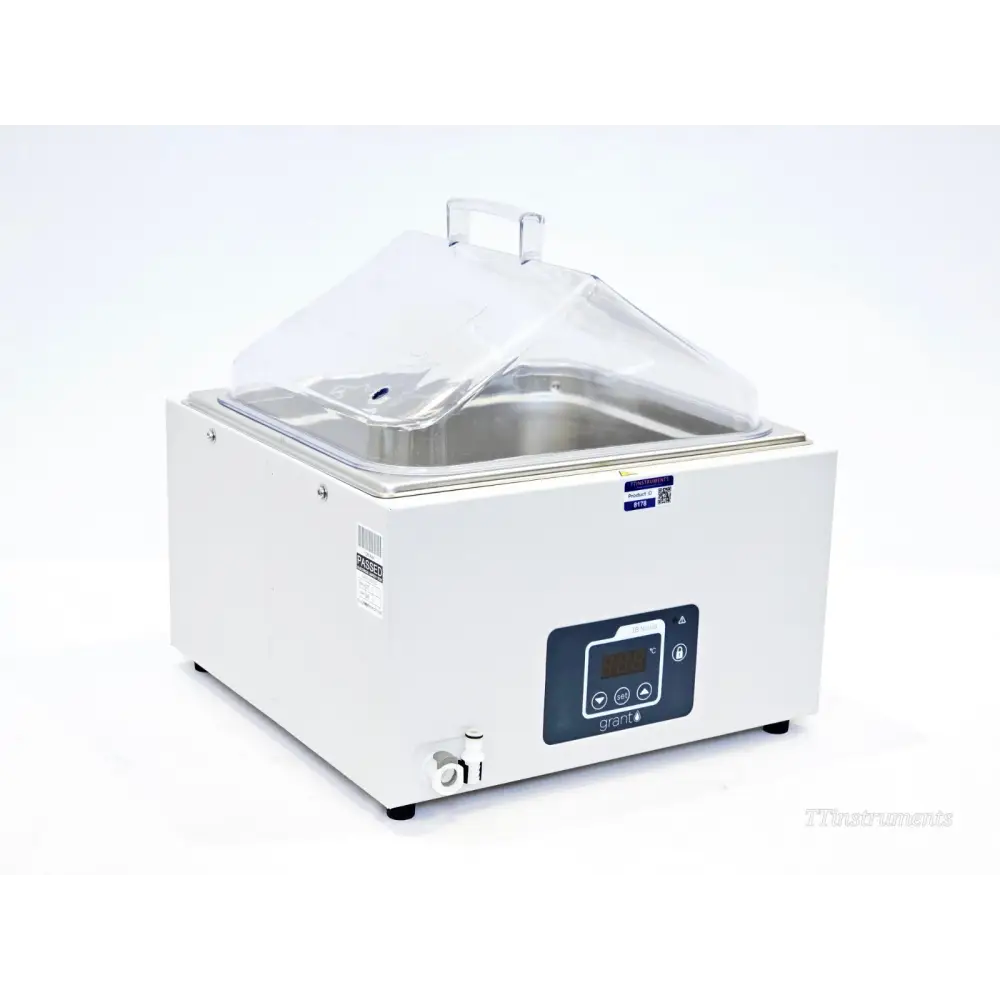 Grant Instruments JB Nova JBN12 digital water bath angled front view with clear gabled lid open, drain tap visible