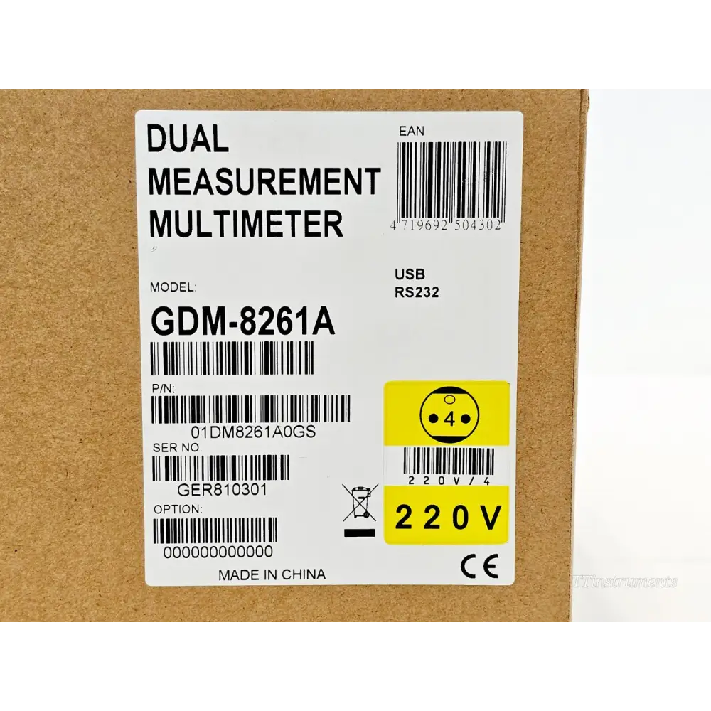 GW Instek GDM-8261A box label close-up showing model GDM-8261A, serial GER810301, P/N 01DM8261A0GS, 220V, CE mark