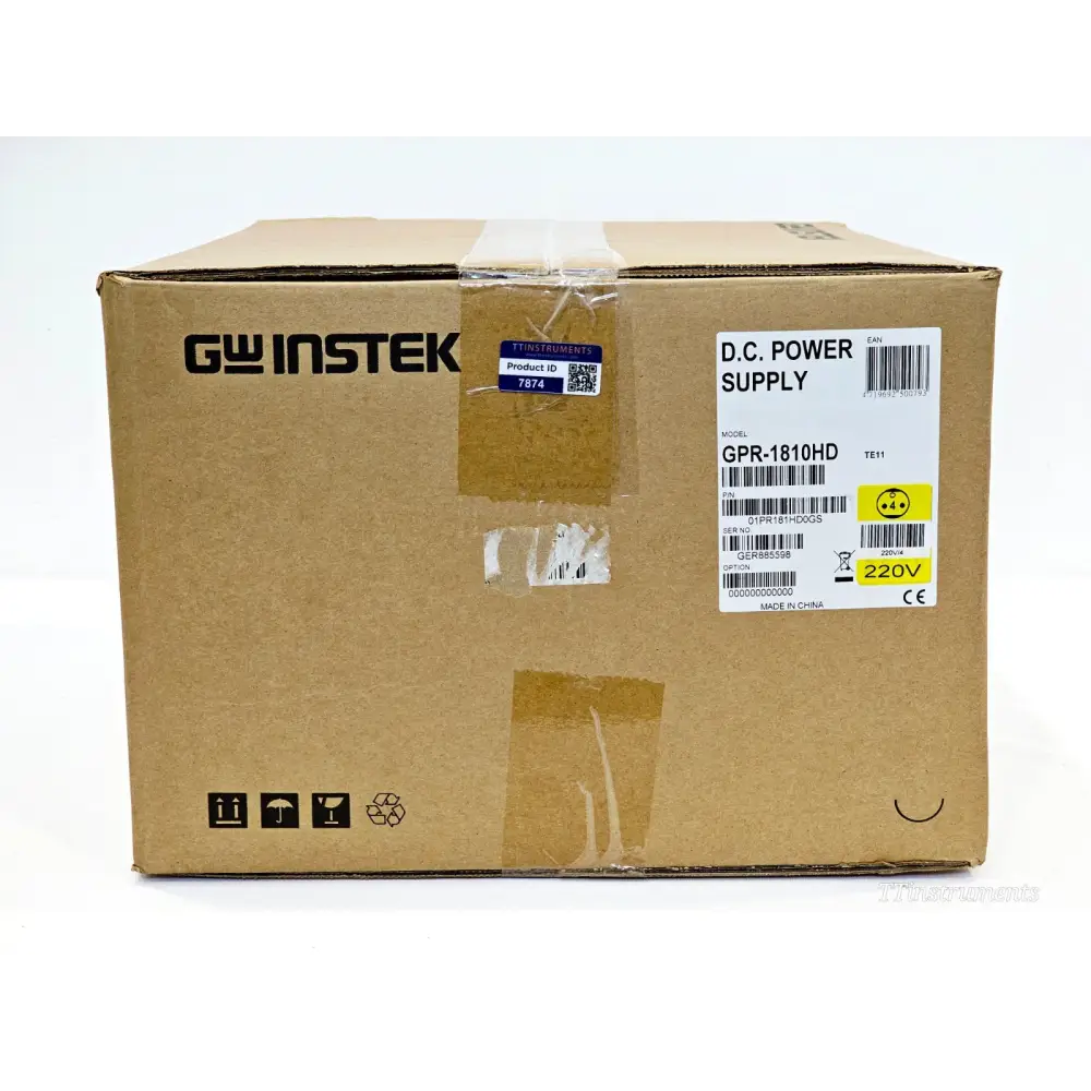 GW Instek GPR-1810HD in original box with model label showing serial number GER885598 and 220V configuration