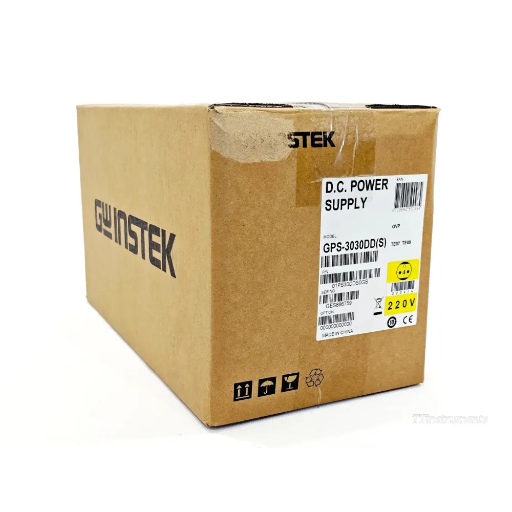 GW Instek GPS-3030DD(S) original retail box with model label showing serial no. GES886759 and 220V rating