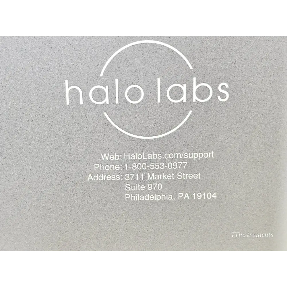 Halo Labs Horizon 10-0001 rear panel close-up showing Halo Labs logo, support website, phone number and Philadelphia address