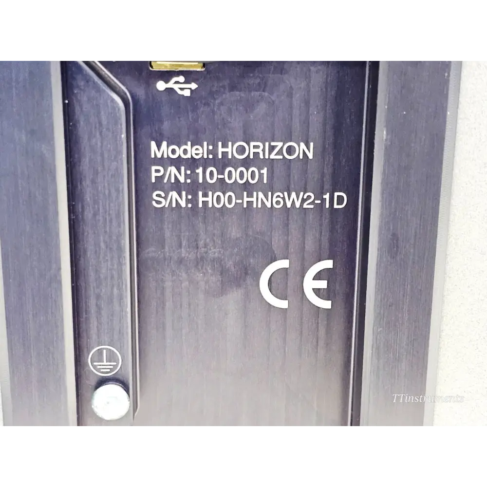 Halo Labs Horizon close-up of rear label showing Model: HORIZON, P/N: 10-0001, S/N: H00-HN6W2-1D and CE marking