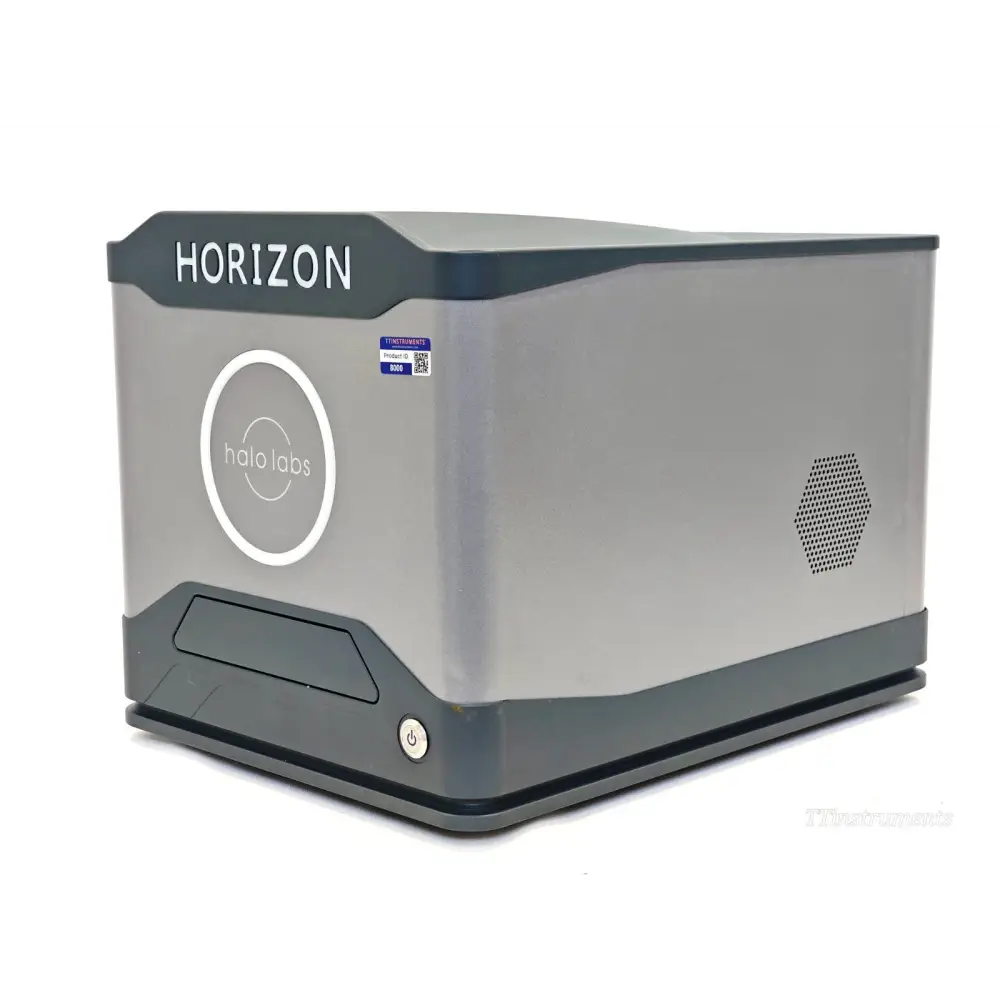 Halo Labs Horizon Particle Analyzer 10-0001 — front-right angle showing Halo Labs logo, power button, and TTInstruments label