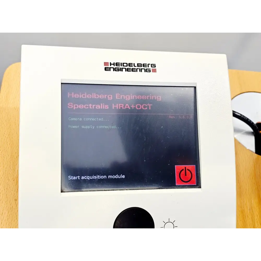 Heidelberg Engineering Spectralis HRA+OCT touch panel boot screen showing firmware Rev. 1.6.0.8 with camera and power supply connected status