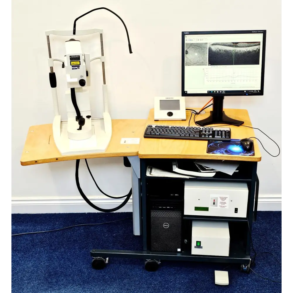 Heidelberg Engineering HRA+OCT Spectralis full system setup with NEC monitor, Dell PC, touch panel, isolation transformer and foot switch on mobile trolley