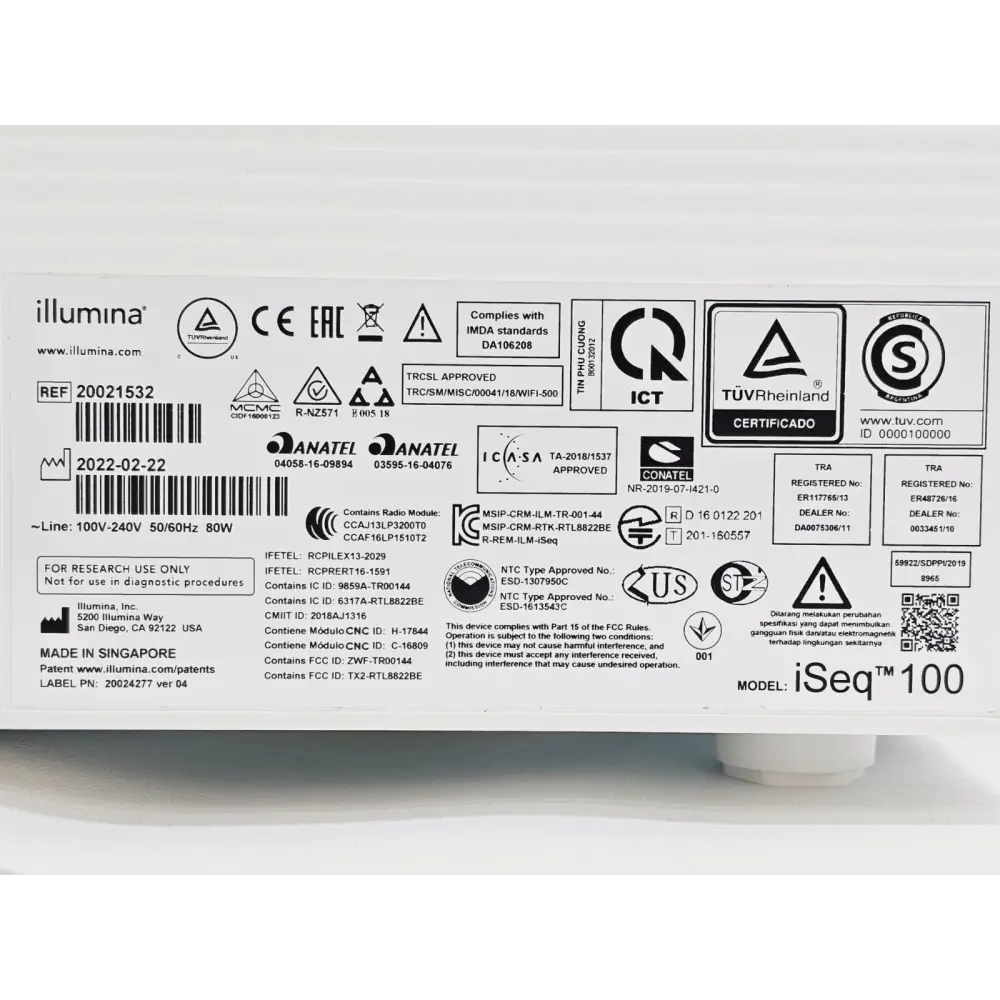 Illumina iSeq 100 system label showing part number 20021532 and manufacture date 2022
