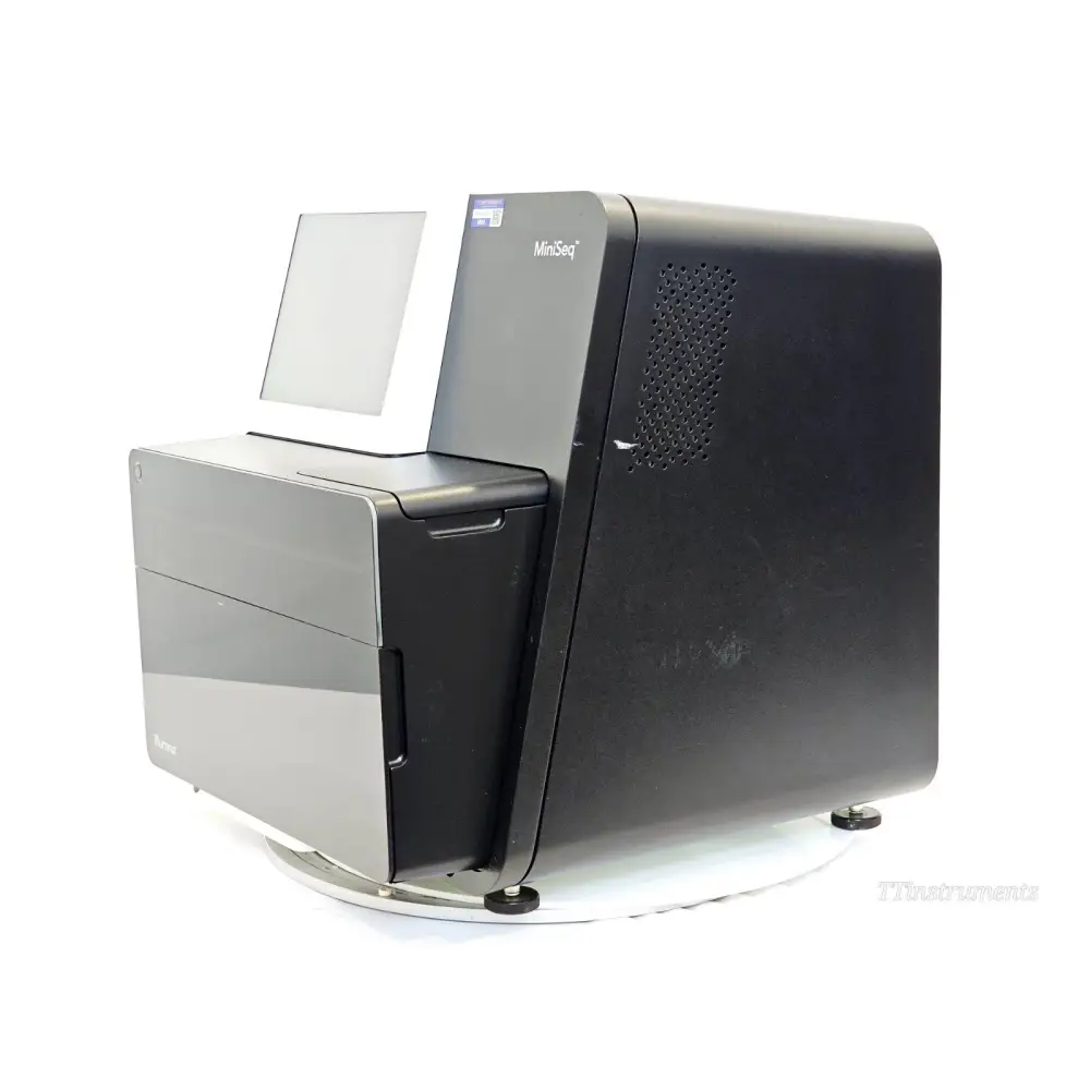 Illumina MiniSeq SY-420-1001 right side rear angle view showing ventilation panels, reagent door, and adjustable feet