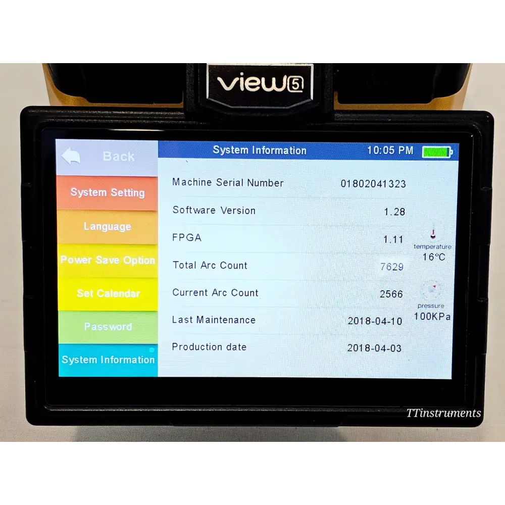 INNO View 5 touchscreen displaying System Information: S/N 01802041323, SW v1.28, FPGA 1.11, total arc count 7629, last maintenance 2018-04-10