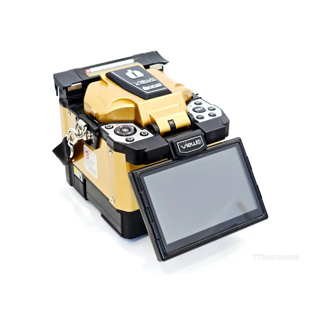 INNO View 5 arc fusion splicer front-right angle view showing 5-inch colour touchscreen tilted open and View5 branding
