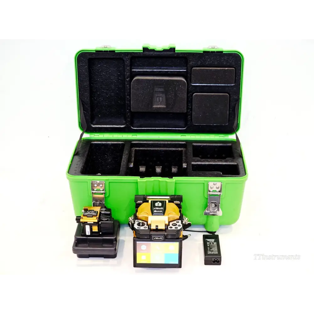 INNO View 5 fusion splicer kit with V7 cleaver and AC adapter laid out in front of open green hard-shell carrying case