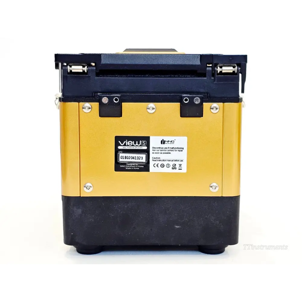 INNO View 5 fusion splicer rear panel showing serial number label 01802041323, View5 branding, CE and RoHS marks