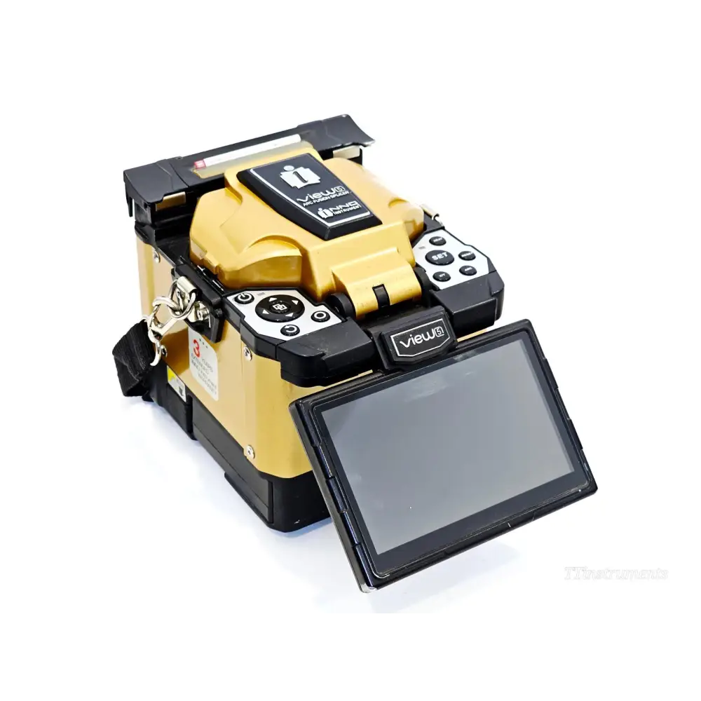 INNO View 5 arc fusion splicer front-right angle showing 5-inch touchscreen display and control buttons