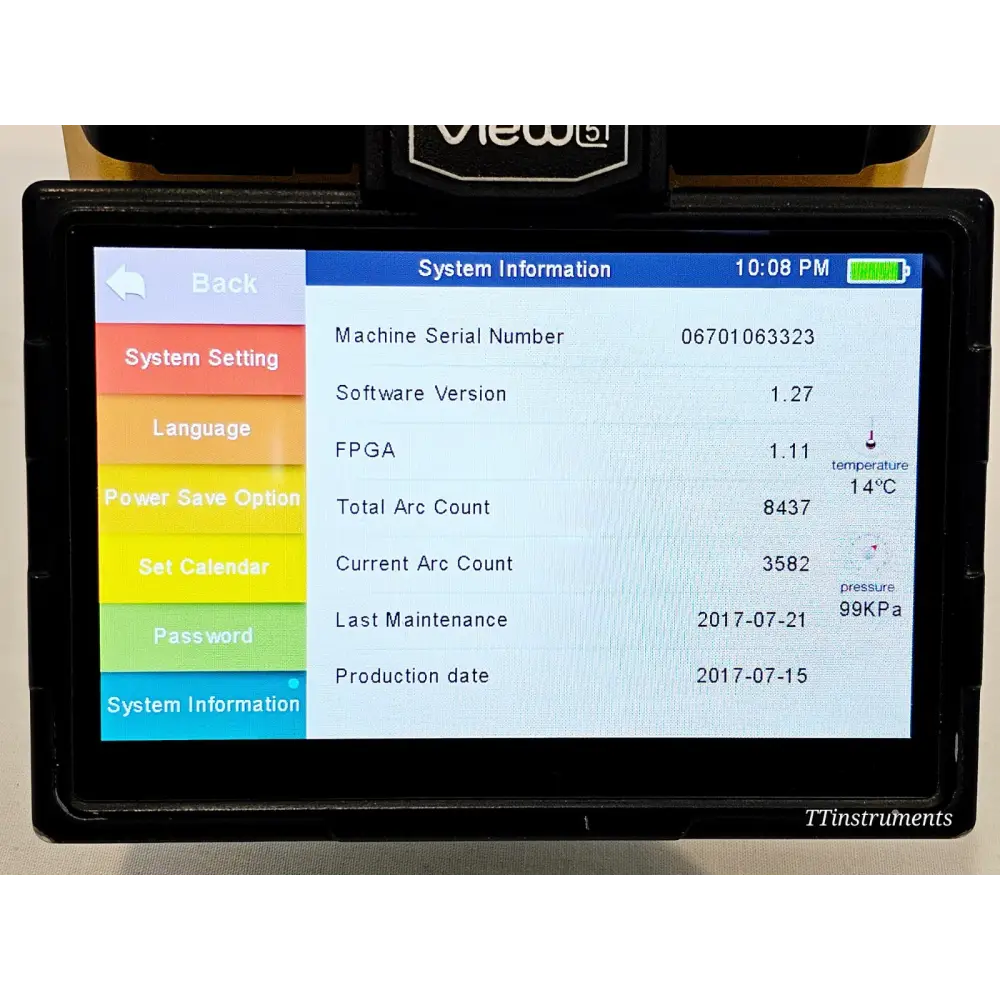 INNO View 5 system information screen showing serial 06701063323, software v1.27, total arc count 8437