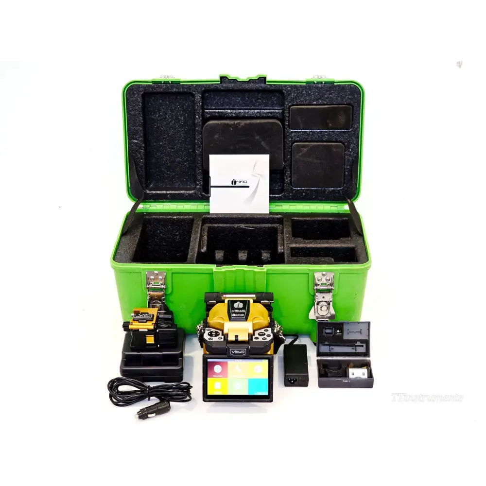 INNO View 5 fusion splicer kit laid out in front of open green carry case with V7 cleaver and accessories