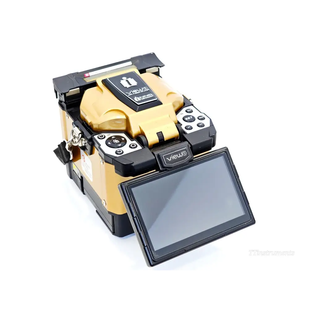 INNO View 5 arc fusion splicer front-angle view showing 5-inch touchscreen display open and keypad controls
