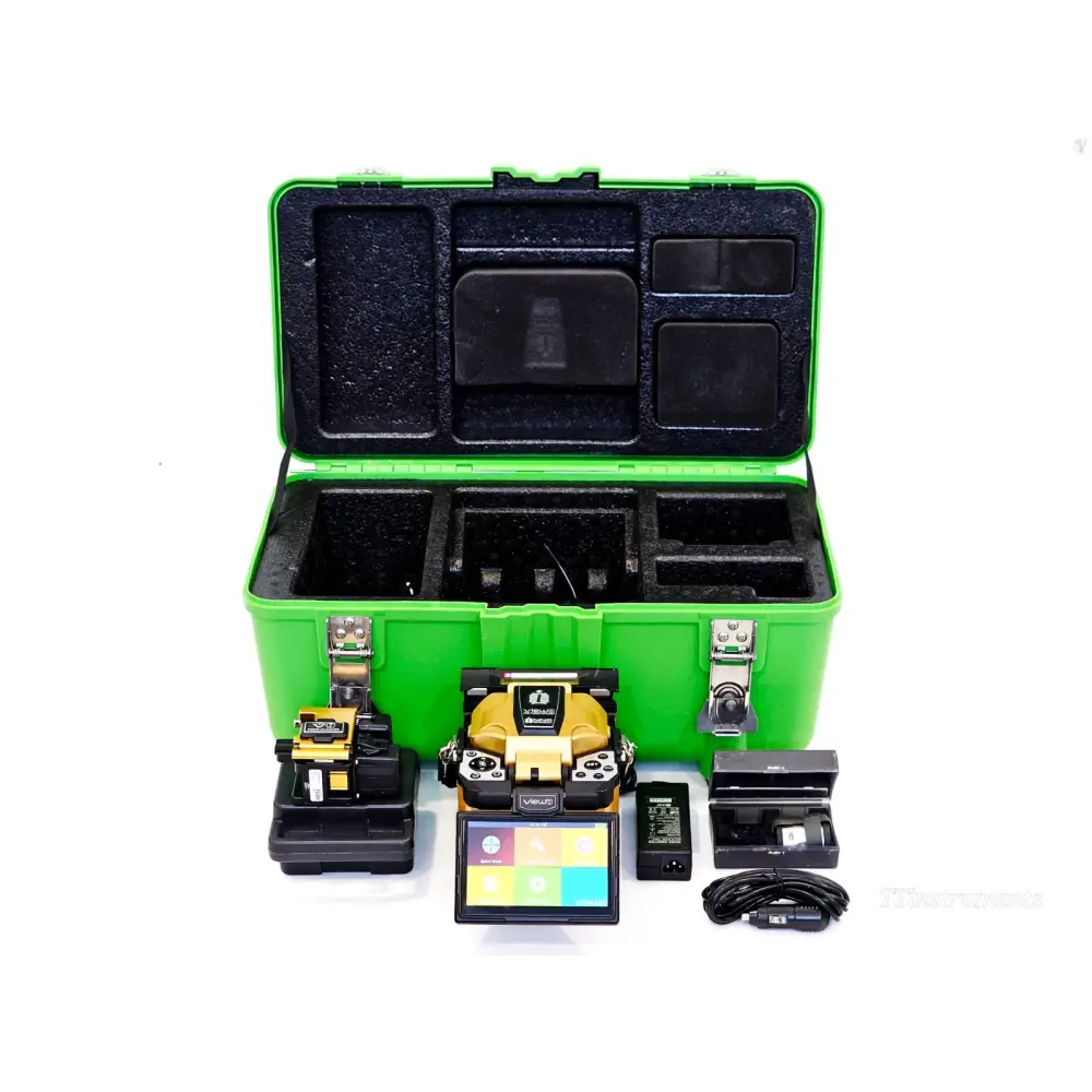 INNO View 5 fusion splicer full kit laid out in front of open green hard carry case with V7 cleaver and accessories