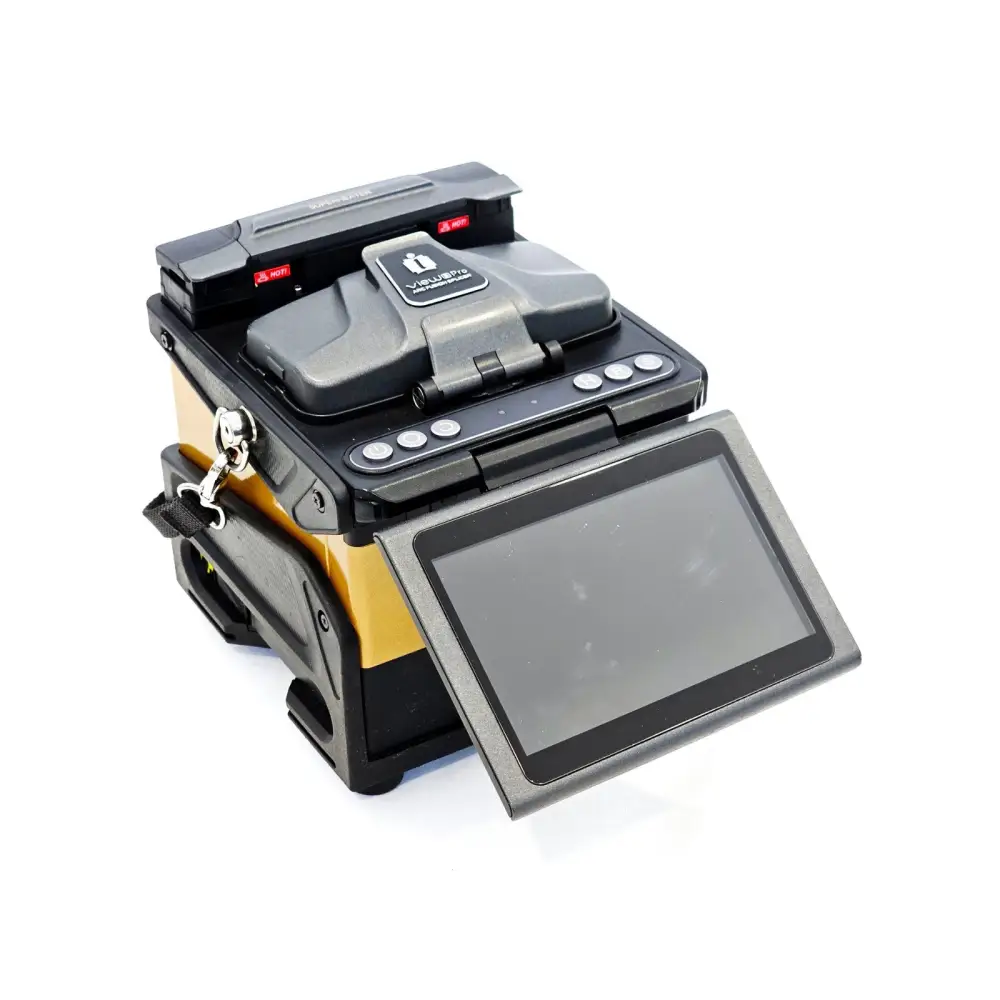 INNO View 8 Pro fusion splicer front-right angle view showing 5-inch touchscreen display and heater cover
