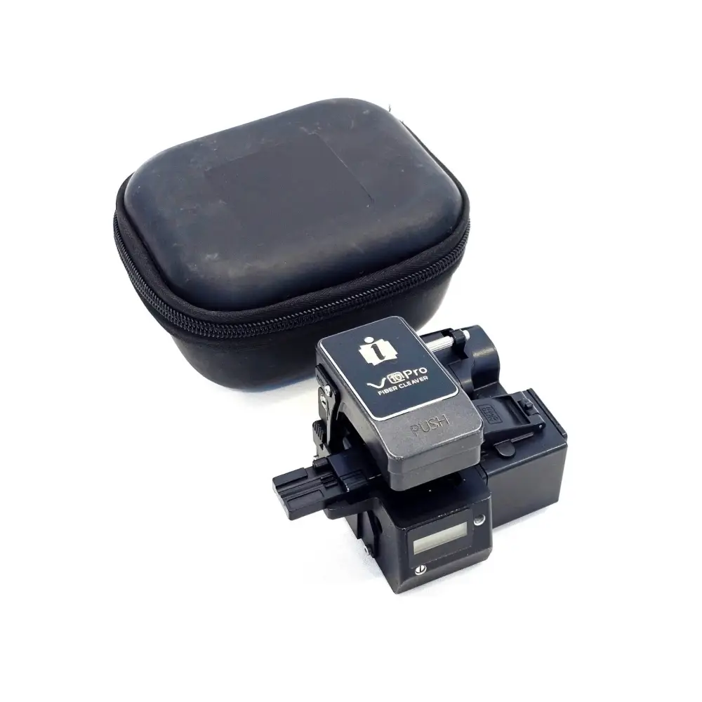 INNO V10 Pro high-precision fibre cleaver with black zip carry case, front view showing push-button mechanism