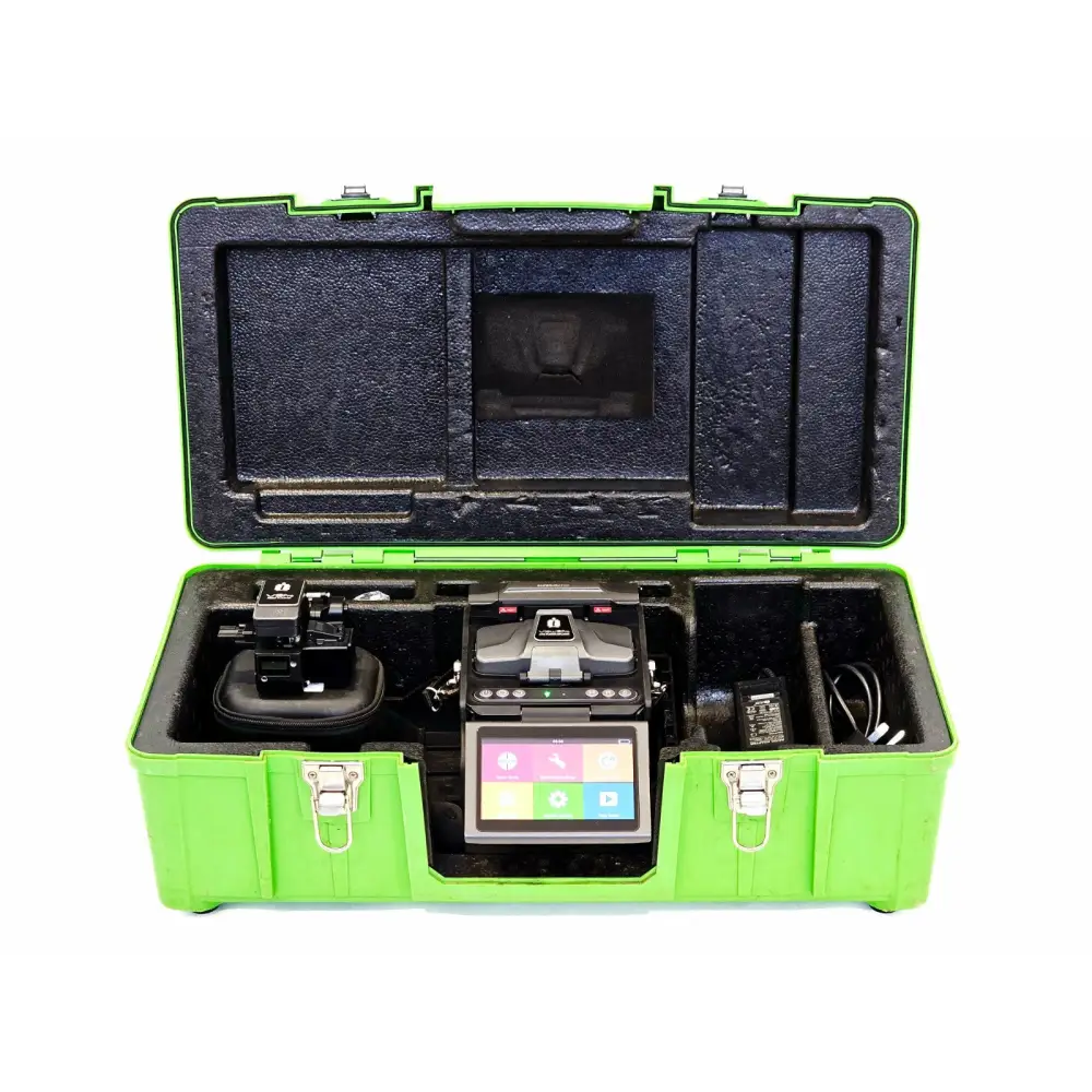 INNO View 8 Pro fusion splicer kit in open green ICC-55 carry case with V10 Pro cleaver and AC adapter