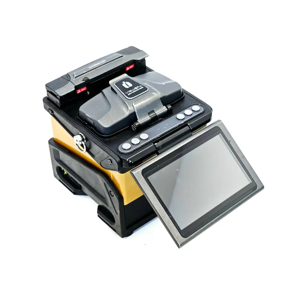 INNO View 8 Pro arc fusion splicer front-right angle showing 5-inch touchscreen and splicing bay open