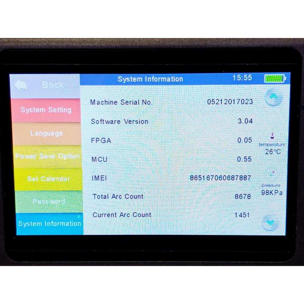INNO View 8 Pro system information screen showing serial 05212017023, software v3.04, arc count 8678