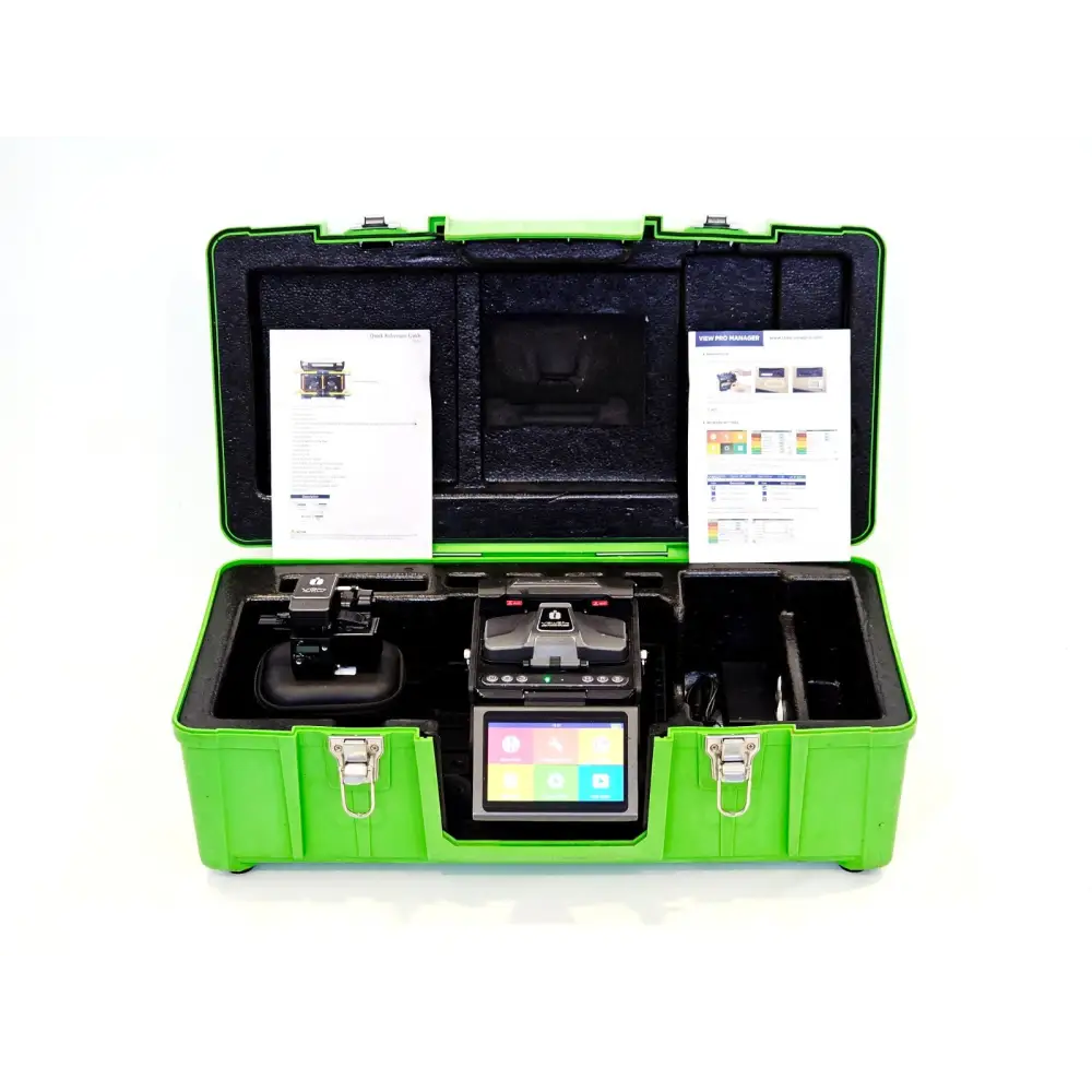 INNO View 8 Pro fusion splicer kit open in green carry case with V10 Pro cleaver, charger and documentation
