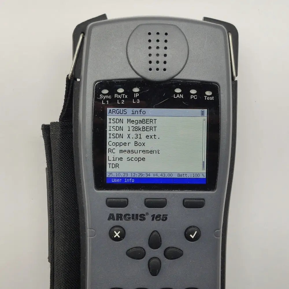 Argus 165 options screen displaying ISDN MegaBERT, 128kBERT, X.31 ext., Copper Box, RC measurement, Line scope, TDR