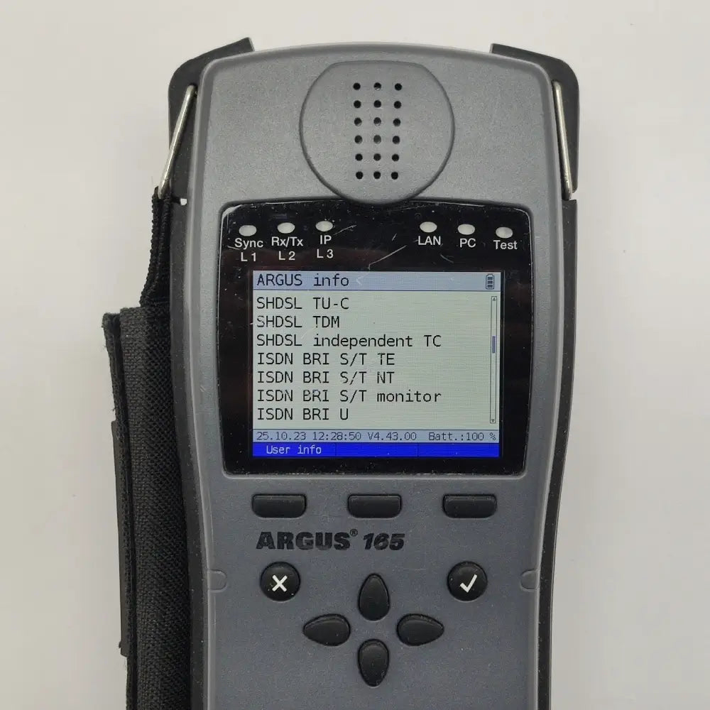 Argus 165 options screen displaying SHDSL TU-C, TDM, independent TC, ISDN BRI S/T TE, NT, monitor and BRI U options