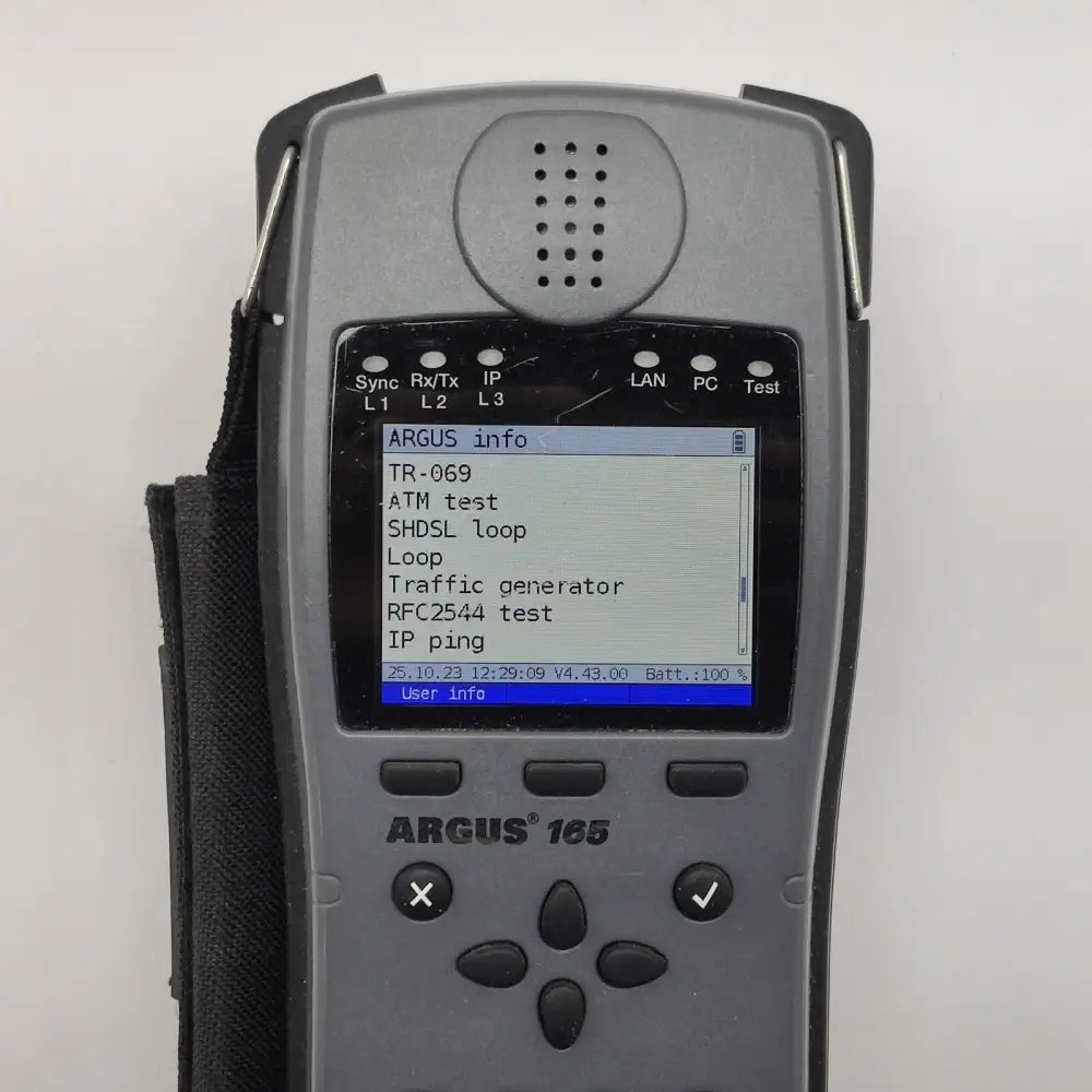 Argus 165 options screen listing TR-069, ATM test, SHDSL loop, Loop, Traffic generator, RFC 2544 test and IP ping