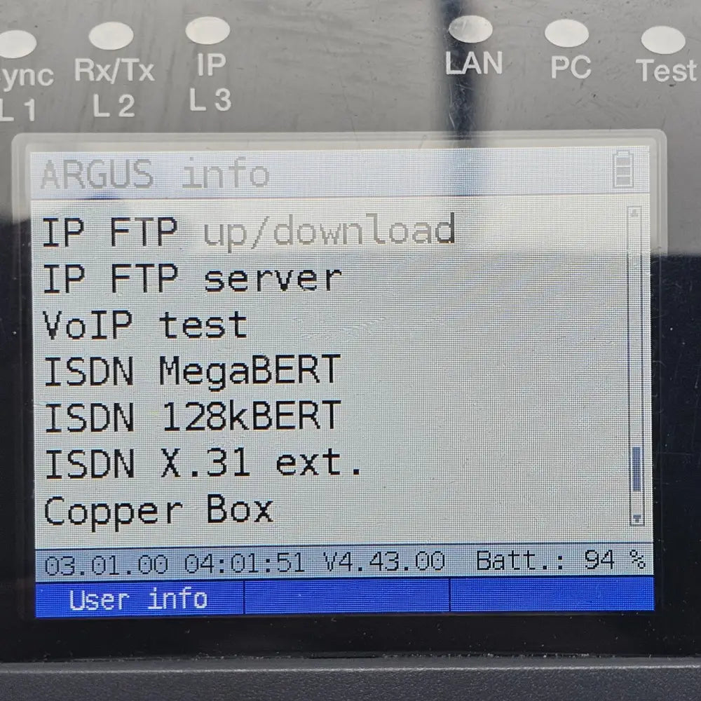 Intec Argus 165 display screen showing active test menu options