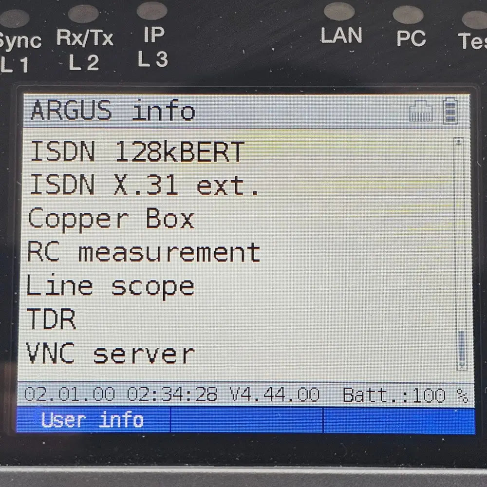 Intec Argus 165 screen showing ISDN BRI test interface selection
