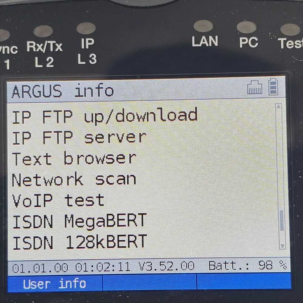 Intec Argus 166 screen showing active software options and licence menu
