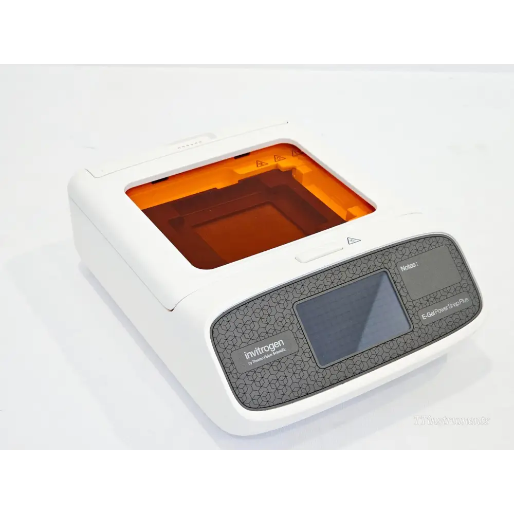 Invitrogen E-Gel Power Snap Plus G9100 base module with gel bay open showing amber filter lid and gel platform