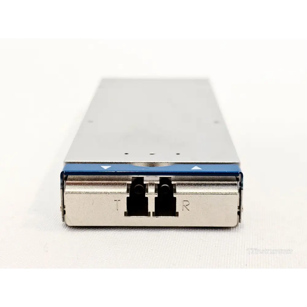 JDSU CCFP2-112G-3-4 CFP2 100G LR4 transceiver optical port end showing duplex LC Tx and Rx connectors