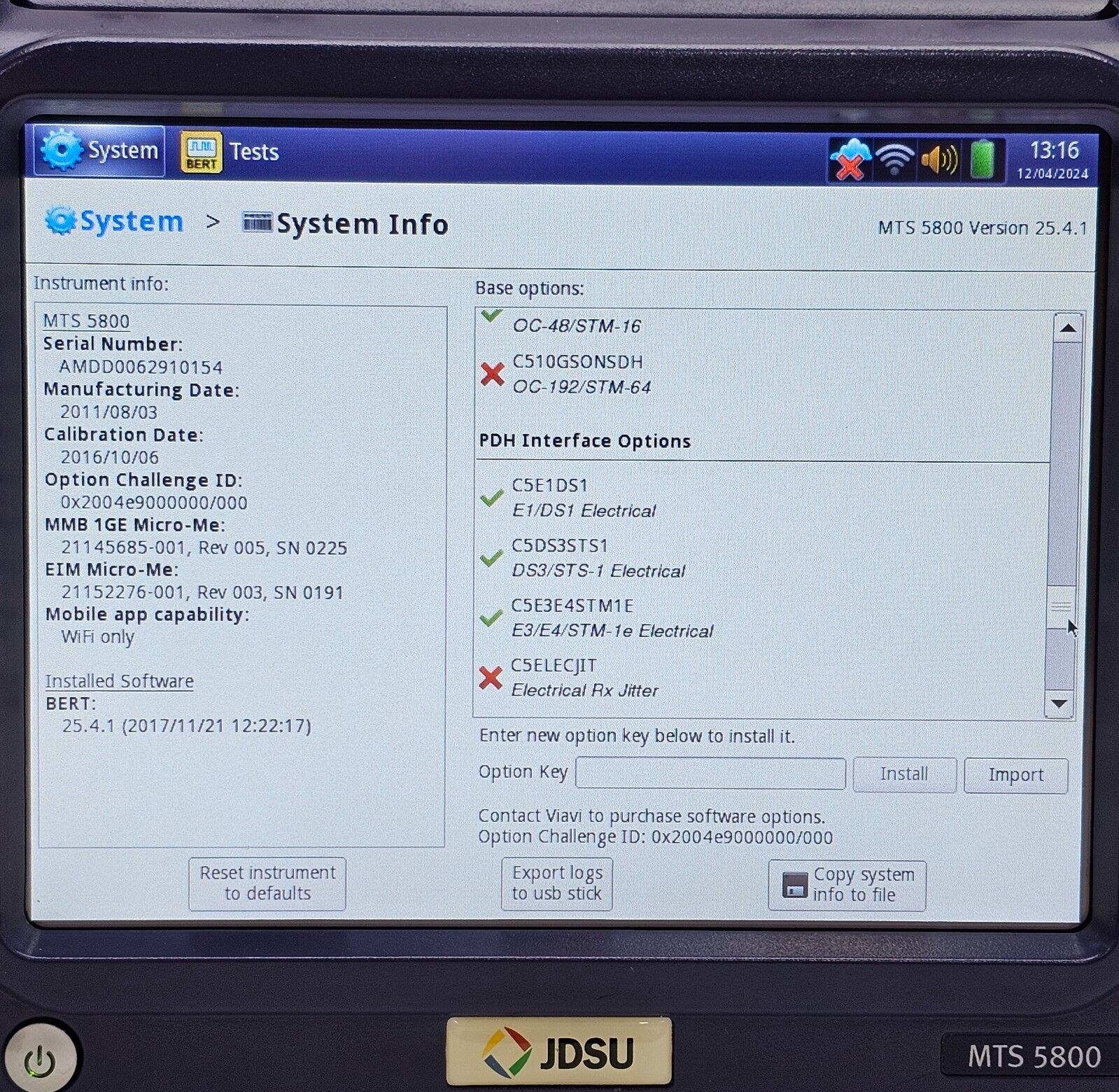 JDSU MTS 5800 w/ 5801P 1G Ethernet Network Tester SDH SONET PDH Optical Electric