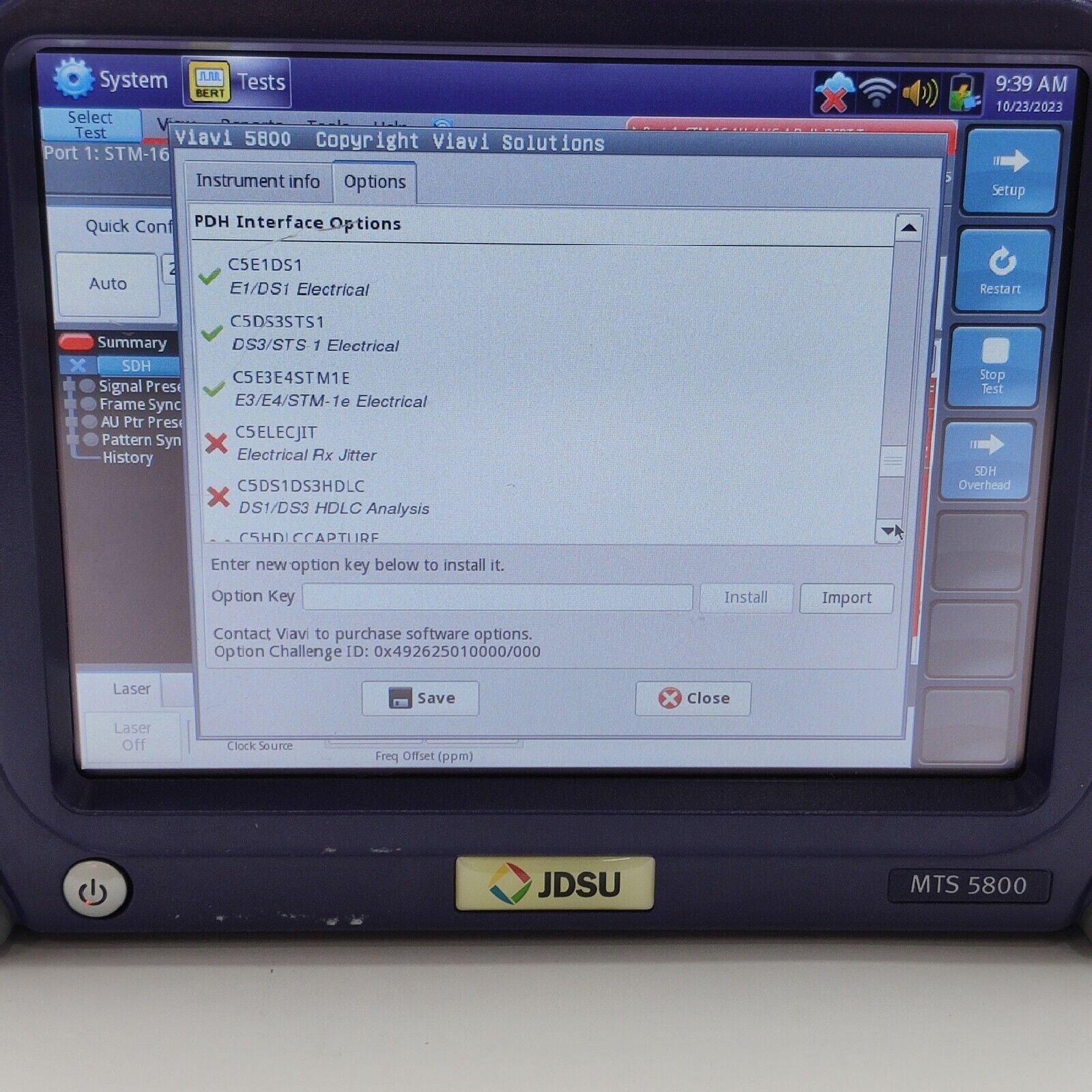 JDSU MTS-5800 w/ 5801P SDH SONET PDH E1/DS1/DS3/STS-1/E3/E4/STM-1e Electrical